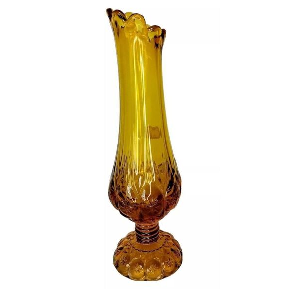 Vintage MCM Amber Celestial Stars Moon Stretch Swung Slag Kanawha Pedestal Vase - Picture 1 of 8